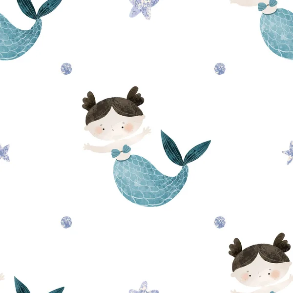 Bezešvé Vzor Mořské Kreslené Mořské Panny Charakter Mořské Panny Ryby — Stock fotografie