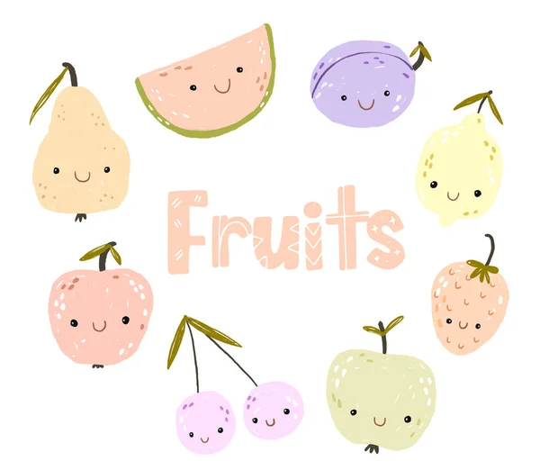 Collection Fruits Flat Hand Drawn Illustrations Tropical Fruits Ingredients Color — Stock Photo, Image