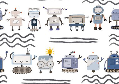 Robotlarla çocuksu, kusursuz bir düzen. Komik çizgi film rototu, çocukça çizimler..