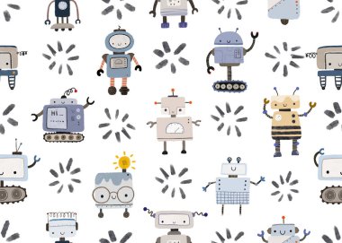 Robotlarla çocuksu, kusursuz bir düzen. Komik çizgi film rototu, çocukça çizimler..