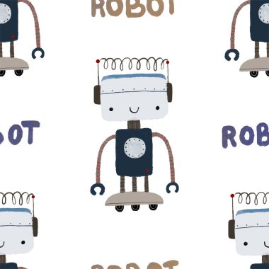 Farklı antika robotlarla kusursuz desenler. El boyaması illüstrasyon. Robotlar, civatalar, harfler ve karalamalarla sonsuz tekrarlanan basit düz desenli renk. Robotları ve canavarları olan çocuklar için bir model. Çocuklar, çocuklar robo arka plan, wallart