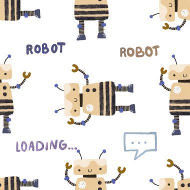 Farklı antika robotlarla kusursuz desenler. El boyaması illüstrasyon. Robotlar, civatalar, harfler ve karalamalarla sonsuz tekrarlanan basit düz desenli renk. Robotları ve canavarları olan çocuklar için bir model. Çocuklar, çocuklar robo arka plan, wallart