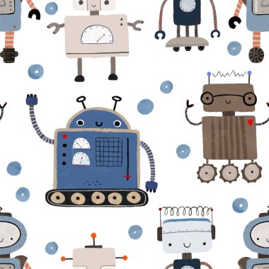 Farklı antika robotlarla kusursuz desenler. El boyaması illüstrasyon. Robotlar, civatalar, harfler ve karalamalarla sonsuz tekrarlanan basit düz desenli renk. Robotları ve canavarları olan çocuklar için bir model. Çocuklar, çocuklar robo arka plan, wallart