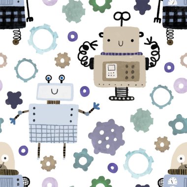 Farklı antika robotlarla kusursuz desenler. El boyaması illüstrasyon. Robotlar, civatalar, harfler ve karalamalarla sonsuz tekrarlanan basit düz desenli renk. Robotları ve canavarları olan çocuklar için bir model. Çocuklar, çocuklar robo arka plan, wallart