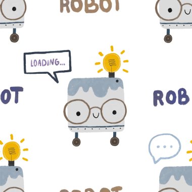 Farklı antika robotlarla kusursuz desenler. El boyaması illüstrasyon. Robotlar, civatalar, harfler ve karalamalarla sonsuz tekrarlanan basit düz desenli renk. Robotları ve canavarları olan çocuklar için bir model. Çocuklar, çocuklar robo arka plan, wallart