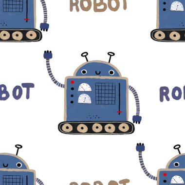 Farklı antika robotlarla kusursuz desenler. El boyaması illüstrasyon. Robotlar, civatalar, harfler ve karalamalarla sonsuz tekrarlanan basit düz desenli renk. Robotları ve canavarları olan çocuklar için bir model. Çocuklar, çocuklar robo arka plan, wallart