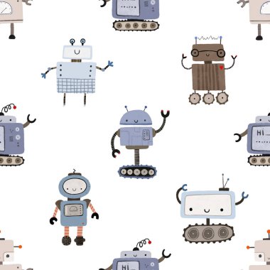 Farklı antika robotlarla kusursuz desenler. El boyaması illüstrasyon. Robotlar, civatalar, harfler ve karalamalarla sonsuz tekrarlanan basit düz desenli renk. Robotları ve canavarları olan çocuklar için bir model. Çocuklar, çocuklar robo arka plan, wallart