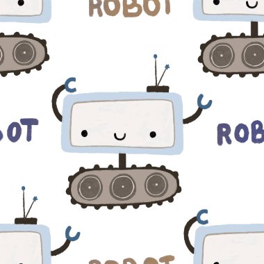 Farklı antika robotlarla kusursuz desenler. El boyaması illüstrasyon. Robotlar, civatalar, harfler ve karalamalarla sonsuz tekrarlanan basit düz desenli renk. Robotları ve canavarları olan çocuklar için bir model. Çocuklar, çocuklar robo arka plan, wallart