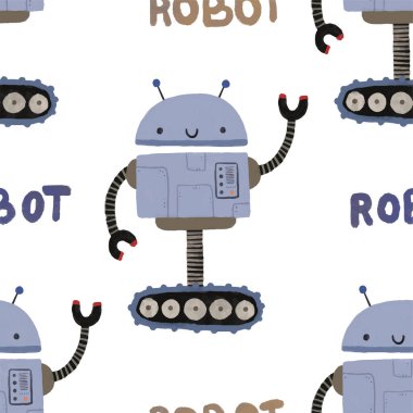 Farklı antika robotlarla kusursuz desenler. El boyaması illüstrasyon. Robotlar, civatalar, harfler ve karalamalarla sonsuz tekrarlanan basit düz desenli renk. Robotları ve canavarları olan çocuklar için bir model. Çocuklar, çocuklar robo arka plan, wallart