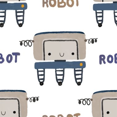 Farklı antika robotlarla kusursuz desenler. El boyaması illüstrasyon. Robotlar, civatalar, harfler ve karalamalarla sonsuz tekrarlanan basit düz desenli renk. Robotları ve canavarları olan çocuklar için bir model. Çocuklar, çocuklar robo arka plan, wallart