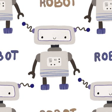Farklı antika robotlarla kusursuz desenler. El boyaması illüstrasyon. Robotlar, civatalar, harfler ve karalamalarla sonsuz tekrarlanan basit düz desenli renk. Robotları ve canavarları olan çocuklar için bir model. Çocuklar, çocuklar robo arka plan, wallart