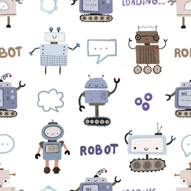 Farklı antika robotlarla kusursuz desenler. El boyaması illüstrasyon. Robotlar, civatalar, harfler ve karalamalarla sonsuz tekrarlanan basit düz desenli renk. Robotları ve canavarları olan çocuklar için bir model. Çocuklar, çocuklar robo arka plan, wallart