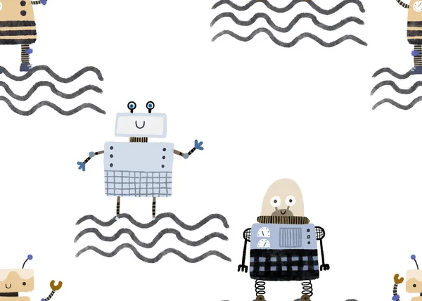 Dziecinny Bezszwowy Wzór Robotami Śmieszne Kreskówki Rotot Dziecinne Ilustracja — Zdjęcie stockowe
