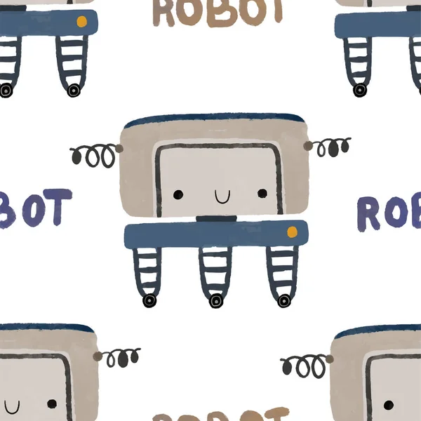 Seamless Pattern Different Vintage Robots Hand Painted Illustration Isolated Endless — Stock Photo, Image