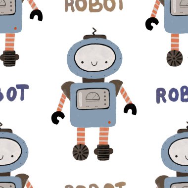 Farklı antika robotlarla kusursuz desenler. El boyaması illüstrasyon. Robotlar, civatalar, harfler ve karalamalarla sonsuz tekrarlanan basit düz desenli renk. Robotları ve canavarları olan çocuklar için bir model. Çocuklar, çocuklar robo arka plan, wallart