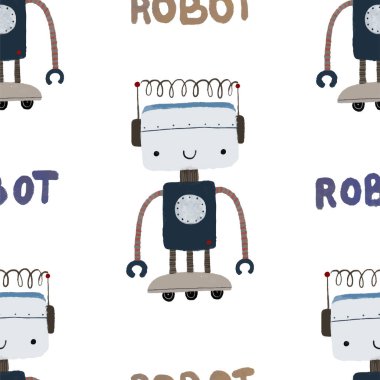 Farklı antika robotlarla kusursuz desenler. El boyaması illüstrasyon. Robotlar, civatalar, harfler ve karalamalarla sonsuz tekrarlanan basit düz desenli renk. Robotları ve canavarları olan çocuklar için bir model. Çocuklar, çocuklar robo arka plan, wallart