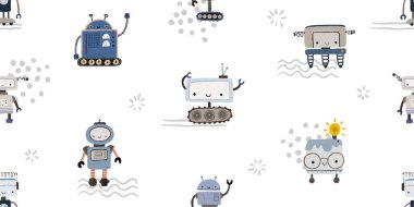 Renkli çizgi film robotları arka planda iz bırakmıyor. Farklı robotlarla sonsuz desen. Canavarlarla aynı renk düz desen. Çizgi film karakterleri olan çocuklar için desen.