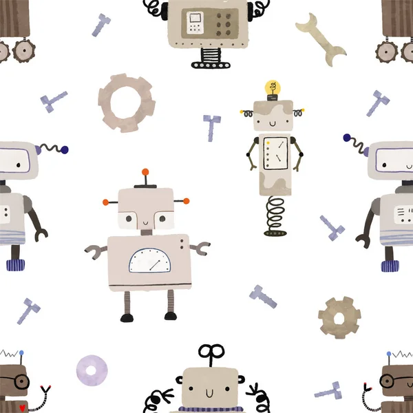 无缝图案与不同的老式机器人 手绘插图 用机器人 字母和涂鸦把无休止地重复着的色彩分割开来 有机器人的孩子 怪物的模式 儿童强盗背景 壁虎艺术 — 图库照片