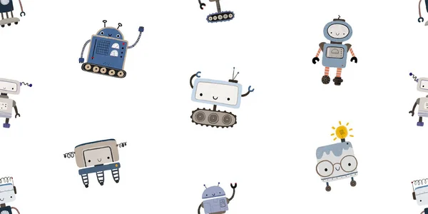 Renkli Çizgi Film Robotları Arka Planda Bırakmıyor Farklı Robotlarla Sonsuz — Stok fotoğraf