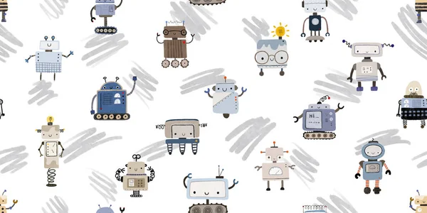 Färgglada Tecknade Robotar Isolerad Bakgrund Sömlös Mönster Ändlöst Mönster Med — Stockfoto