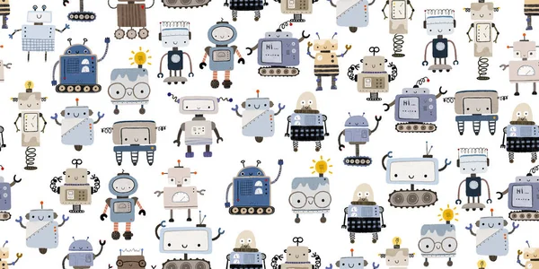 Coloridos Robots Dibujos Animados Aislados Patrón Sin Costuras Fondo Patrón —  Fotos de Stock