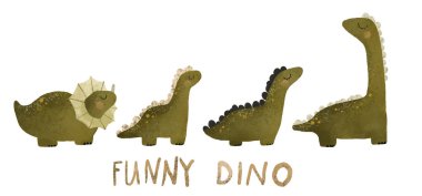 Yeşil dinazor çizimi, dinozor izole edilmiş klipsi. T-Rex 'li çocukça bir kart. Eski hayvan, hayvanat bahçesi tasarımı. Beyaz arka planda sevimli çocuksu illüstrasyon