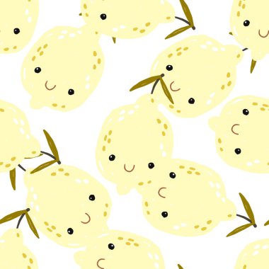 Elle çizilmiş egzotik meyvelerin kusursuz deseni. Beyaz arka planda, meyve arka planının kusursuz deseni. Meyve karalamalarıyla dolu. Tropik desen 