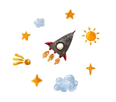Çocukça bir mekan çizimi. Roket, yıldızlar, asteroitler, UFO, kuyruklu yıldızlar, ay, osteroid, stilize gezegenler gibi kainat elementleri kümesi. Kozmik set