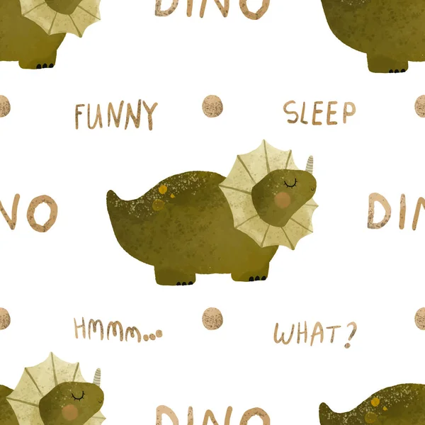 seamless pattern with green dino illustration, dinosaur isolated clipart. Childish card with t rex. Ancient animal, zoo design. Cute childish illustration, endless design on white background