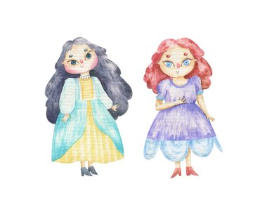 Elle boyanmış prenses çizimi, kraliyet ailesi. Şirin çocuksu bir klişe. Kraliçe sanatı. Uzun saçlı, parlak elbiseli mutlu kız.