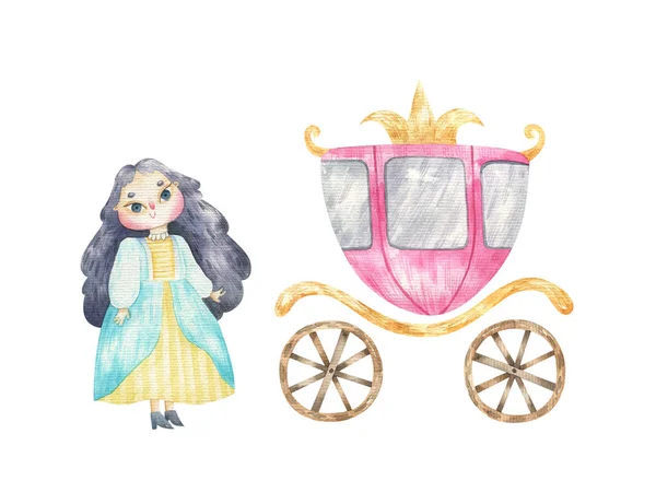 Pessoa Real Reis Rainhas Carruagem Princesa Rosa Ilustração Aquarela Infantil — Fotografia de Stock