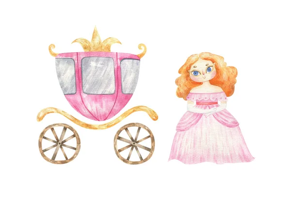 Královská Osoba Králové Královny Kočár Růžové Princezny Roztomilé Dětské Akvarel — Stock fotografie