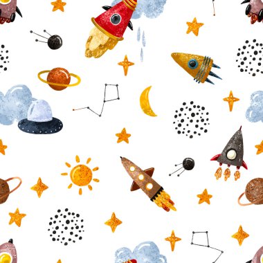 El çizimi, uzayın pürüzsüz deseni. Uzay arkaplanı. Uzay karalama chuldish illüstrasyon. Çizgi film uzay roketleri, gezegenler, yıldızlar, ay, bulutlar, güneş sistemi, UFO 'lar...