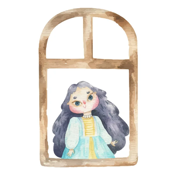 Dětinské Akvarel Ilustrace Víla Princezna Okno Pohádka — Stock fotografie