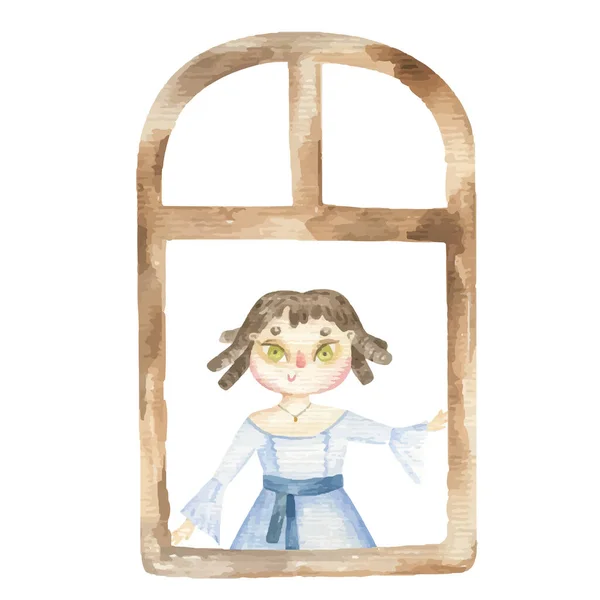 Dětinské Akvarel Ilustrace Víla Princezna Okno Pohádka — Stock fotografie