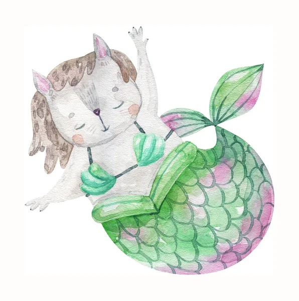 Aquarel Kat Marmeisje Illustratie Schattig Kinderachtig Geïsoleerd Clipart Oceanië Zeeleven — Stockfoto