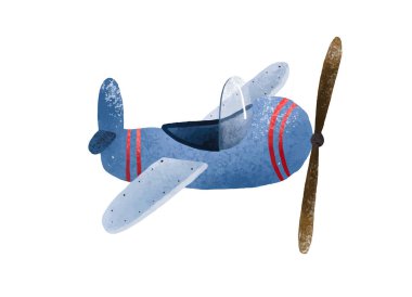 Sevimli çocuksu uçak çizimi. Beyaz arka planda erkek klipsleri. Uçak. Uçakla seyahat etmek. İzole edilmiş çocuksu sanat, tasarım, çıkartma, baskı