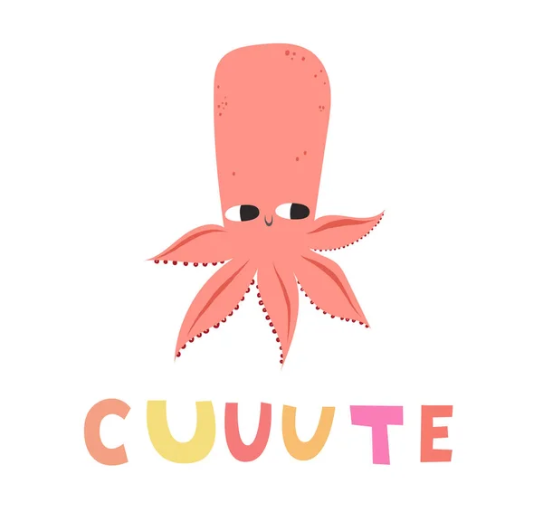 illustration of a cute octopus. Flat style. Cute octopus with big eyes. Mollusk with tentacles. Sea and ocean theme