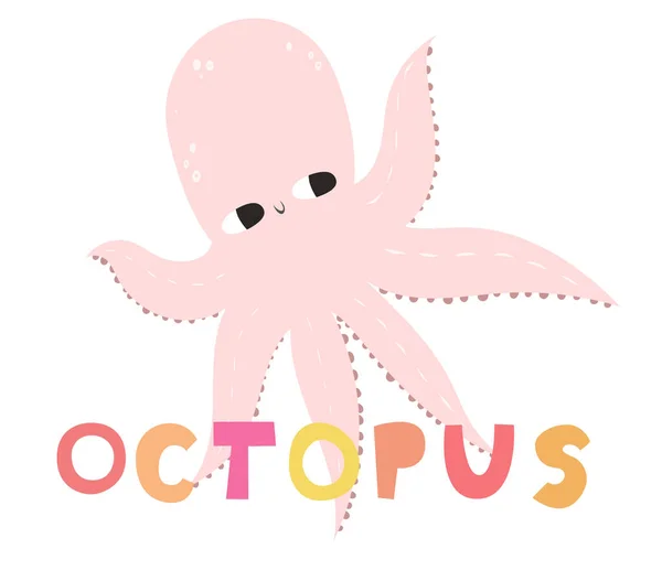 Vector illustration of a cute octopus. Flat style. Cute octopus with big eyes. Mollusk with tentacles. Sea and ocean theme