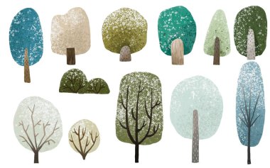 Simole ağaçları ve çalılarla hazırlanmış, elle boyanmış orman klikörü. Doğa yalıtılmış elementler