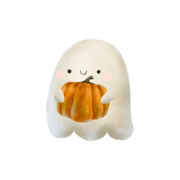 Fantasma Fatato Con Zucca Arancione Carino Casper Illustrazione Infantile Halloween — Foto Stock