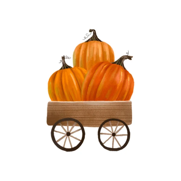 Houten Kar Met Oranje Pompoenen Herfst Illustratie Voor Halloween Geïsoleerde — Stockfoto