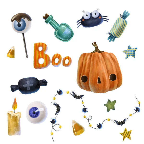 Clipart Met Halloween Geïsoleerde Elementen Set Met Pompoen Oog Kaars — Stockfoto