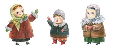 Noel kutlaması. Ukrayna Vertep 'i, kızlar ve oğlanlar, geleneksel Noel yıldızları festivali. Suluboya Ortodoks Noeli. Ukrayna omurgası. Ayrı elementler, Clipart