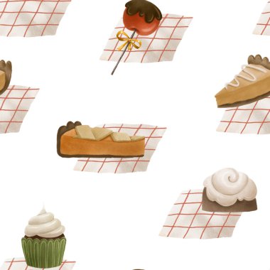 Şükran Günü sonbahar desenli pasta, pasta, kek, balkabağı turtası, çikolatalı kırmızı elmalı lolipop ve beyaz ve kırmızı peçeteli. Kusursuz döngüsü var. Sonsuz izole tasarım