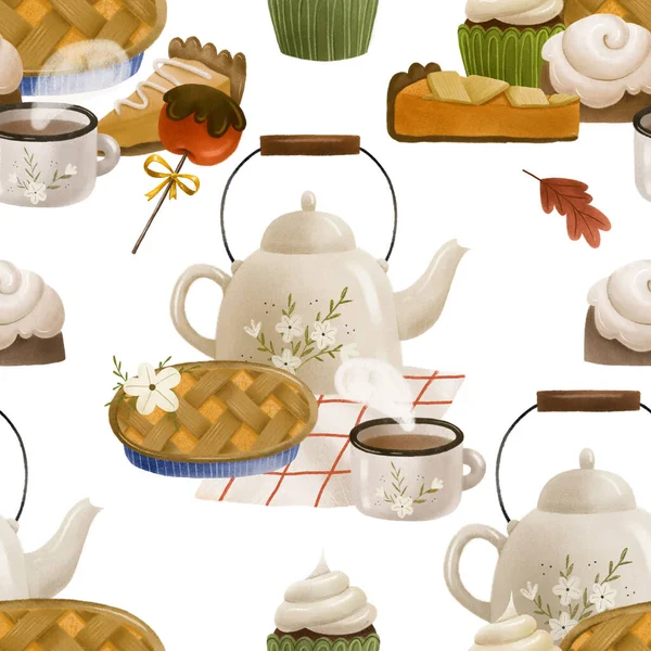Autumn thanksgiving seamless pattern with tasty pie, apple, cakes, teapot and cup of tea, white napkin, cake with white glaze. Cute cozy november loopable design, Isolated compositions