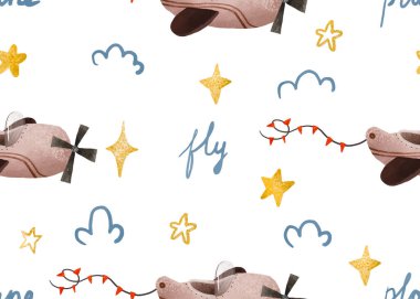 Bebek izi. Çocuklar için kusursuz desen. Uçak, bulutlar, yıldızlar. Erkekler için sonsuz düzen. Elle çizilmiş kusursuz tekrarlayan çocuklar İskandinav tarzında basit hava ve bulut desenleri. Çocuklar arka planda. Klasik uçak..