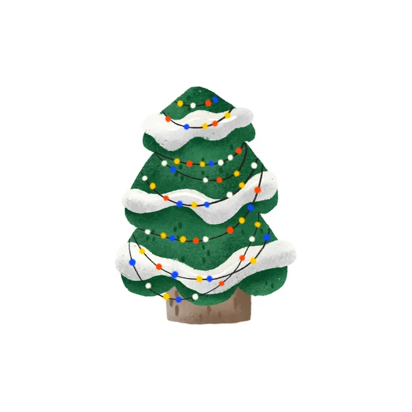 松树上有花环 灯火通明 绿色的圣诞树 枝条上挂着雪 可爱而幼稚的手绘插图 孤立的部分 节日庆祝 — 图库照片
