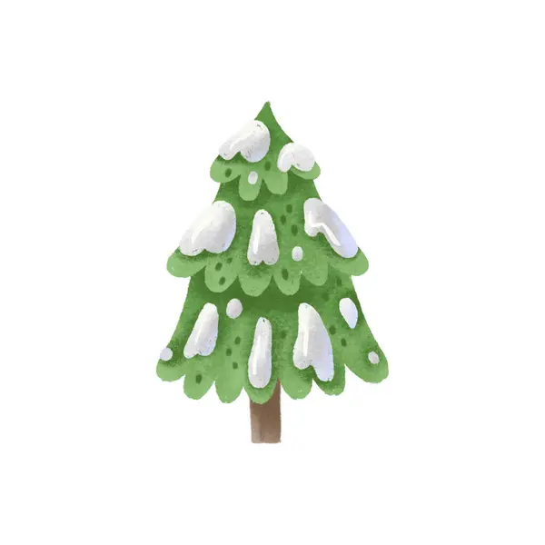 Ilustracja Sosny Zielone Choinki Wigilia Śniegiem Gałęziach Słodkie Dziecinnie Malowane — Zdjęcie stockowe