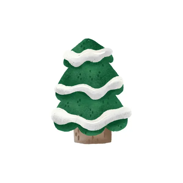 Fenyőfa Illusztráció Zöld Karácsonyfa Hóeséssel Ágakon Aranyos Gyerekes Kézzel Festett — Stock Fotó